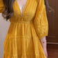 Yellow v-neck dress new style seaside holiday temperament waist a-line skirt R0678