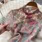 New retro embroidery print improved girl dress short sleeve slit hip cheongsam R2287