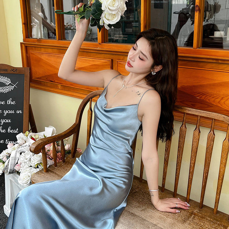 High-grade silk suspender dress for women, medium-length satin slim-fitting maxi dress R0981