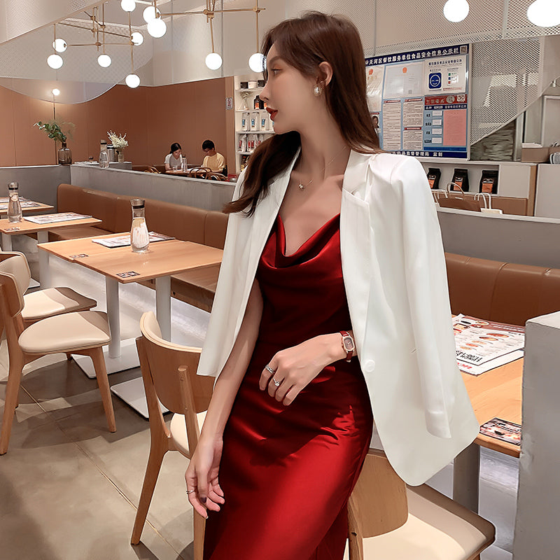 High-grade silk suspender dress with medium-length satin acetate for slimming R0983