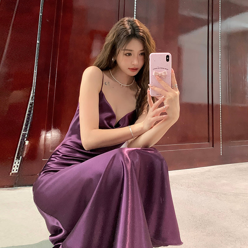 French satin suspender dress Hepburn long skirt with base purple A-line slim vest skirt R0984