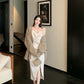 French silk satin sexy slit V-neck dress with suspenders evening dress R1487