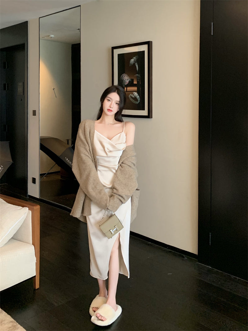 French silk satin sexy slit V-neck dress with suspenders evening dress R1487