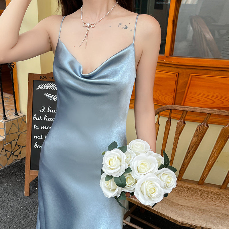High-grade silk suspender dress for women, medium-length satin slim-fitting maxi dress R0981