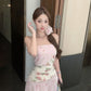 Gentle style pink floral hollow one-shoulder dress with waist A-line long skirt R0612