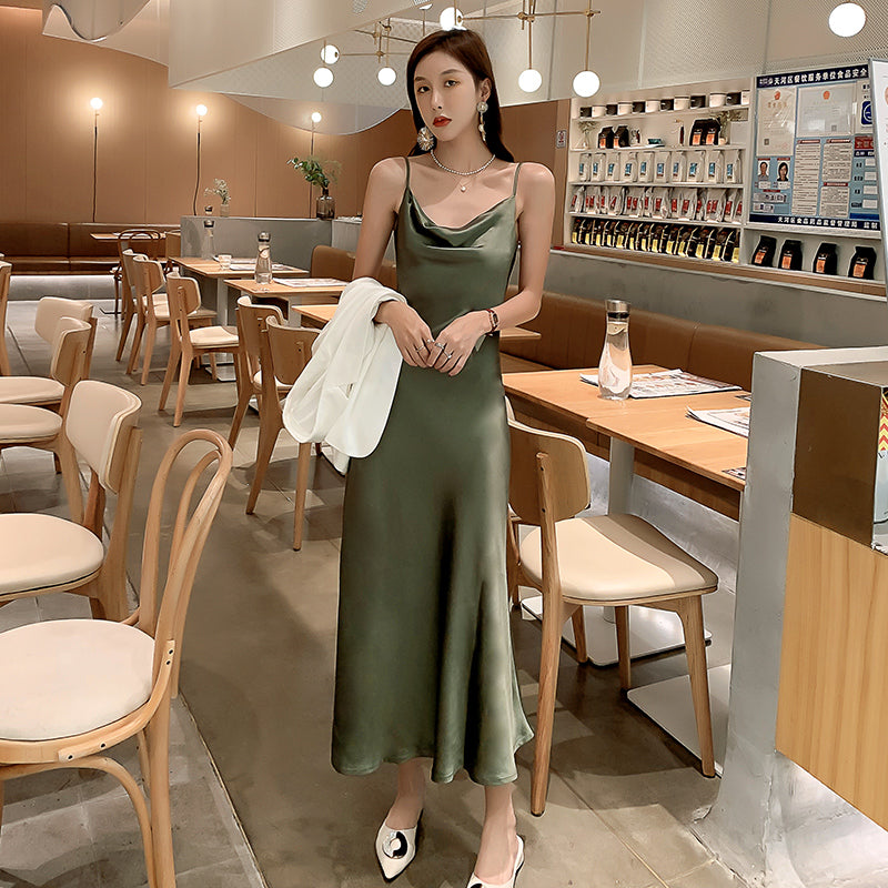 Green acetate satin silk suspender dress women's medium length 2025 new long skirt R1006