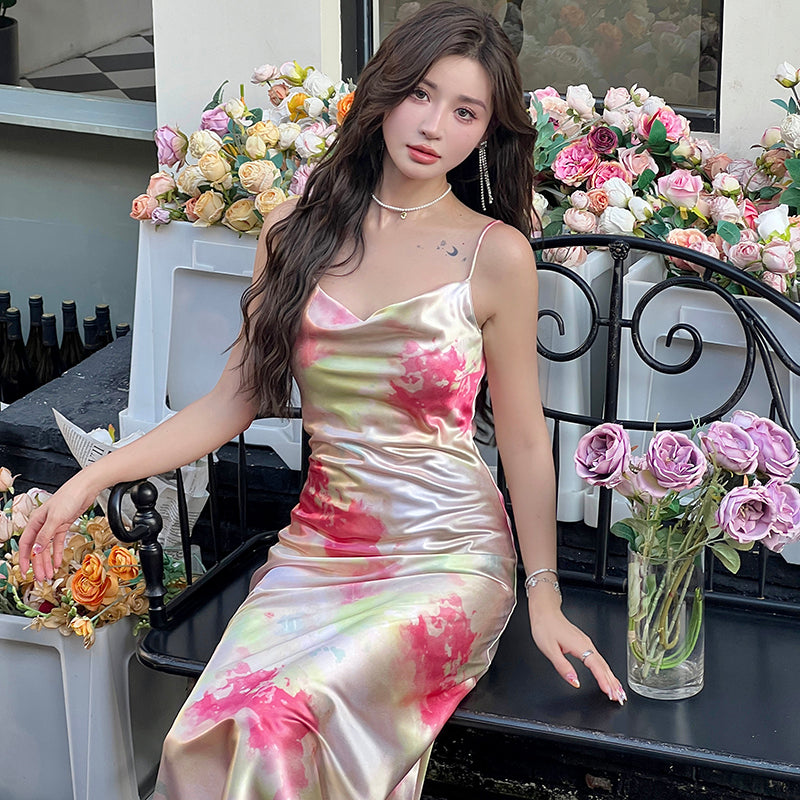 French retro print slim fairy dress sexy high-end pure desire wind collar suspender long dress R1007