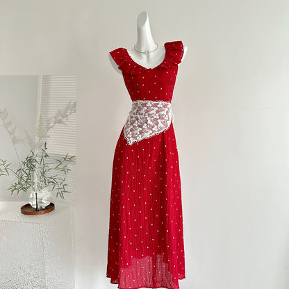 French retro temperament V-neck small flying sleeve red dress new summer style R2189