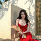 Retro red suspender dress 2025 new holiday style temperament figure waist hip skirt R0722