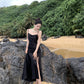 Black suspender dress slim sexy temperament slit silk satin holiday wear skirt R1443