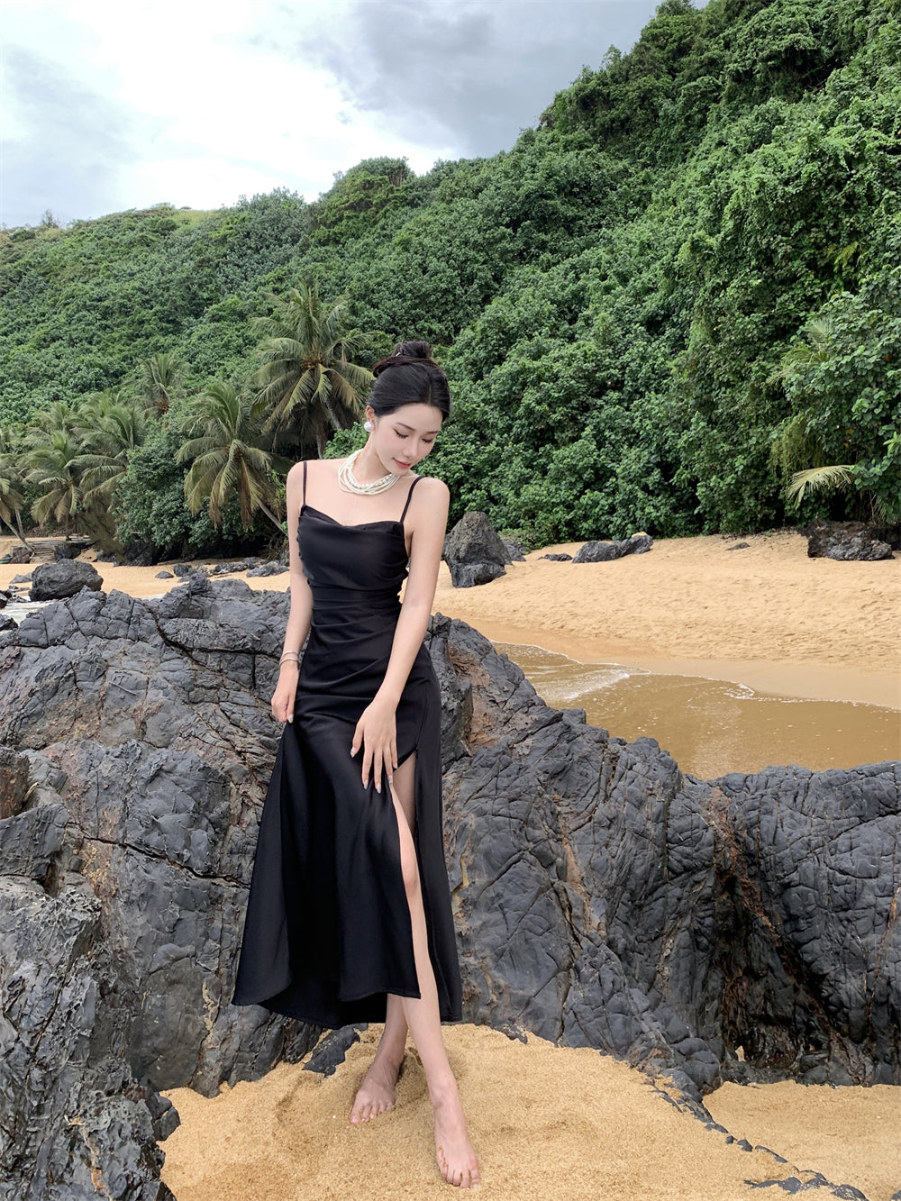 Black suspender dress slim sexy temperament slit silk satin holiday wear skirt R1443