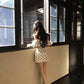 Black and white polka dot one-shoulder dress with elegant waist and slim fit A-line short skirt R0811