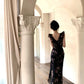 Holiday design small flying sleeves black floral dress slim fit temperament hip long skirt R1785