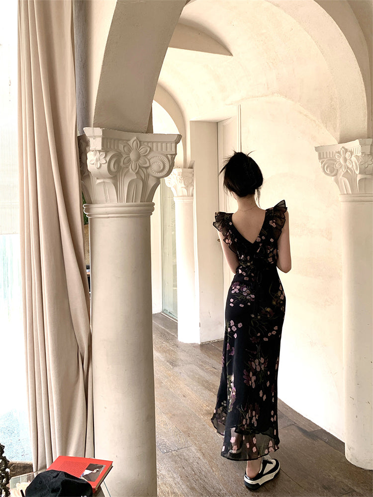 Holiday design small flying sleeves black floral dress slim fit temperament hip long skirt R1785