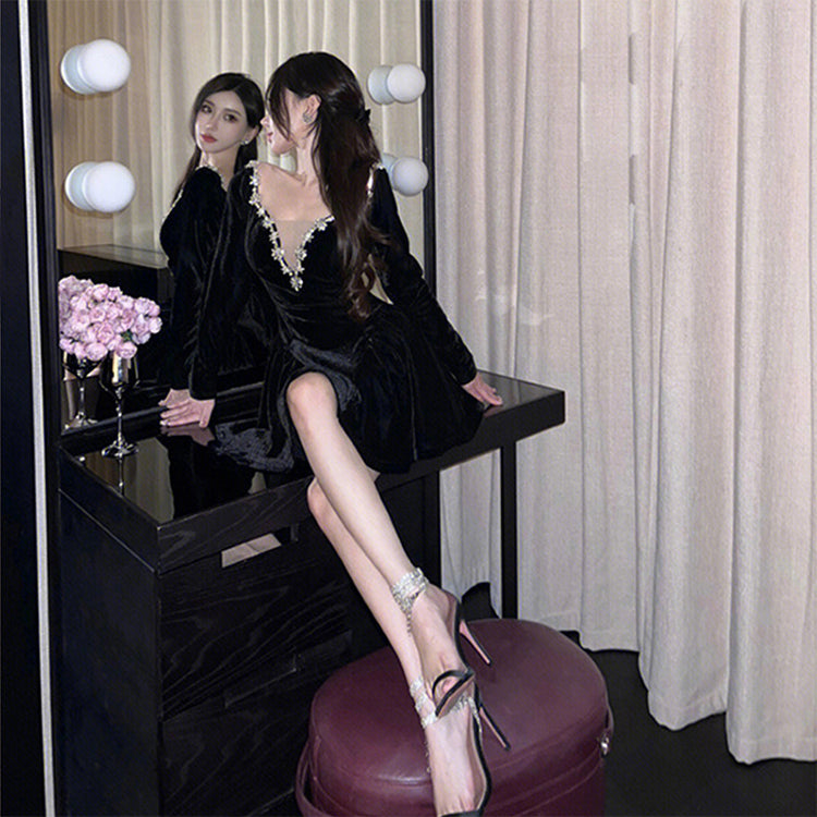 Birthday party dress high-end niche temperament sexy v-neck dress R1787