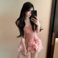 Sweet and sexy suspender skirt miniskirt petal edge slim fit pink miniskirt R3629