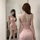 Sweet pure desire style girl dress print slim fit chest pad pink sleeveless hip skirt R3633
