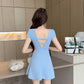 Low-cut sexy long-sleeved dress for women with slim waist and backless simple A-line short skirt R3670