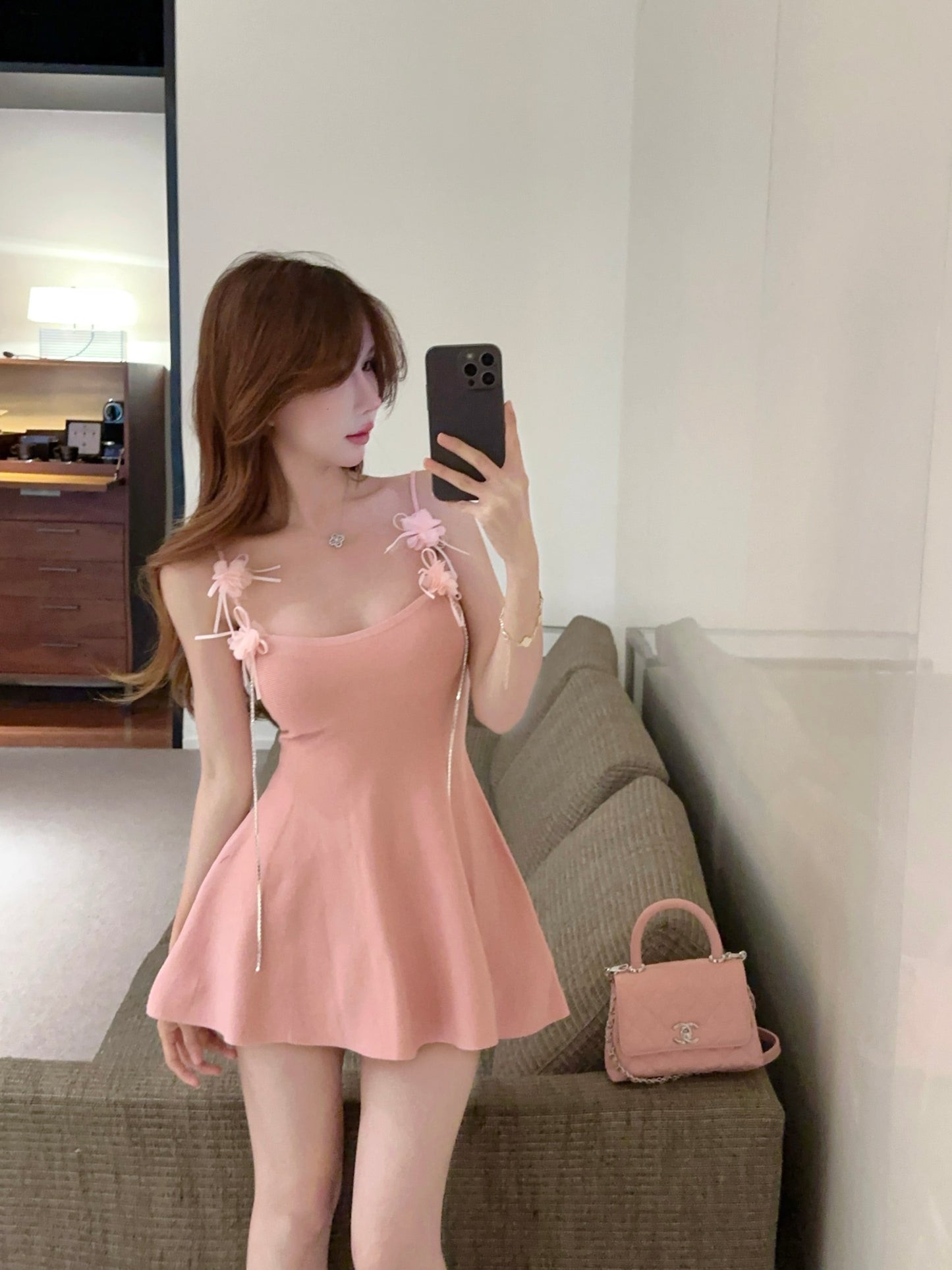 Sweet and sexy pink dress ultra-short slim waist knitted vest dress summer R3634