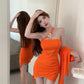 Irregular hot girl style off-shoulder slim drawstring sexy tube top dress R3669