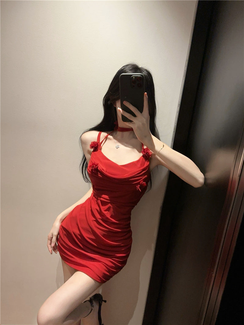 Pure and gentle style flower sling dress with tassels, slim fit, pleated, slimming, hip-wrapped short skirt R3636