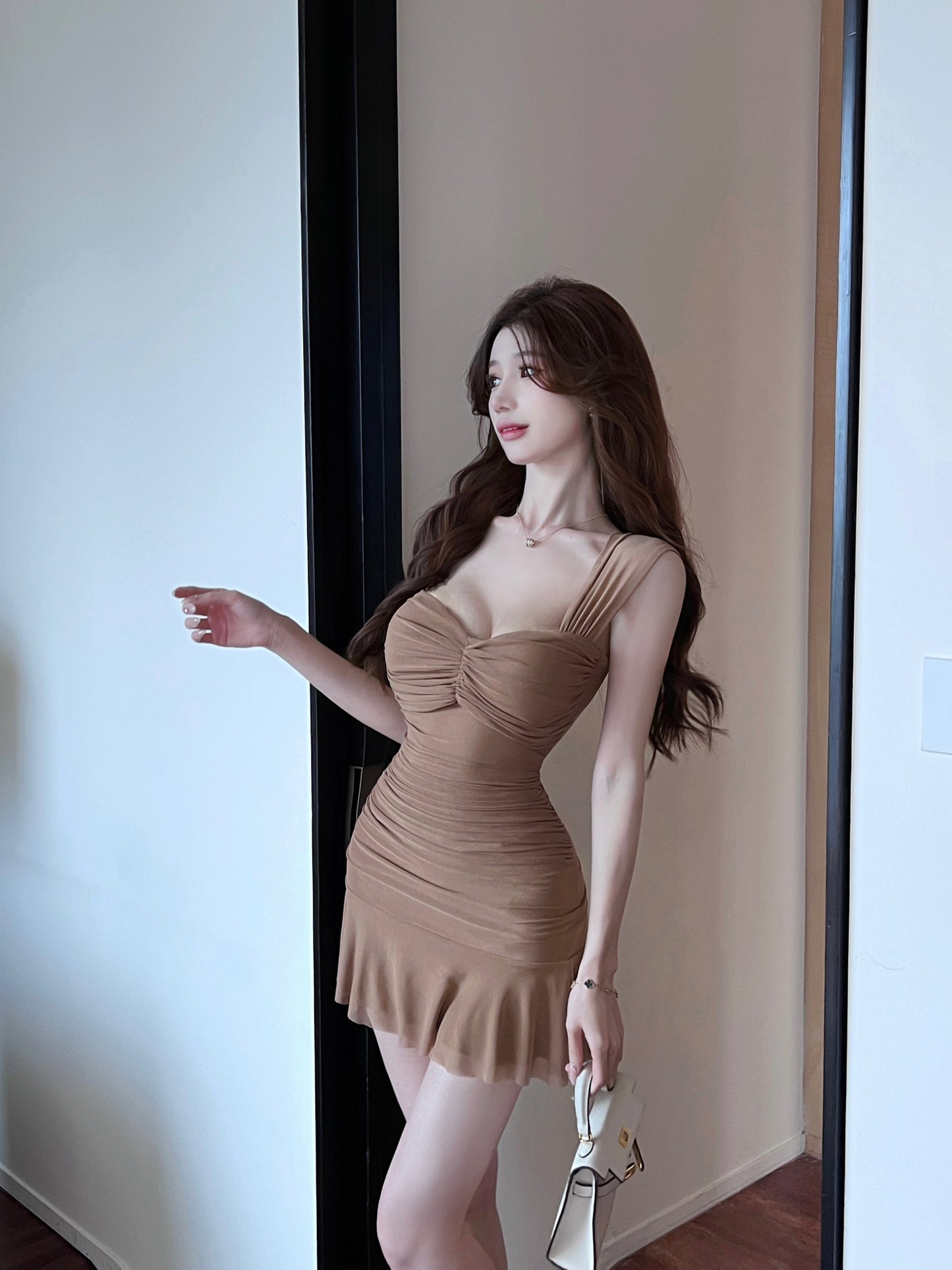 French pure desire style sexy mesh dress ruffled slim fit hip-hugging short skirt vest skirt R3630