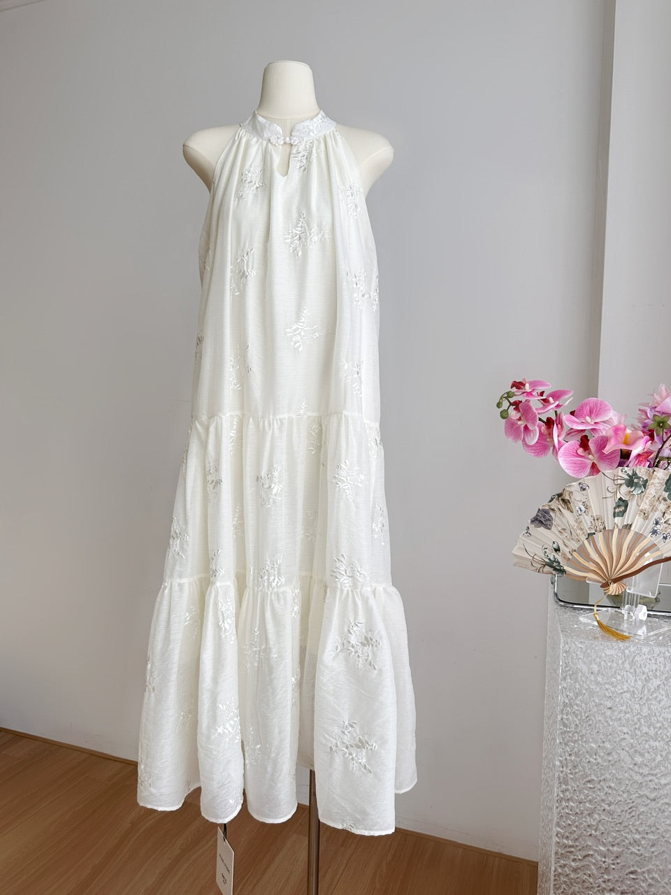 French button jacquard halter dress summer sleeveless swing holiday long dress R2004