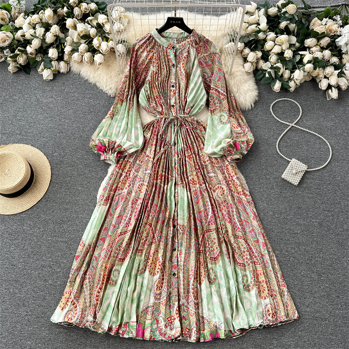 High-end temperament round neck lantern long sleeve waist slimming printed pleated dress R2302