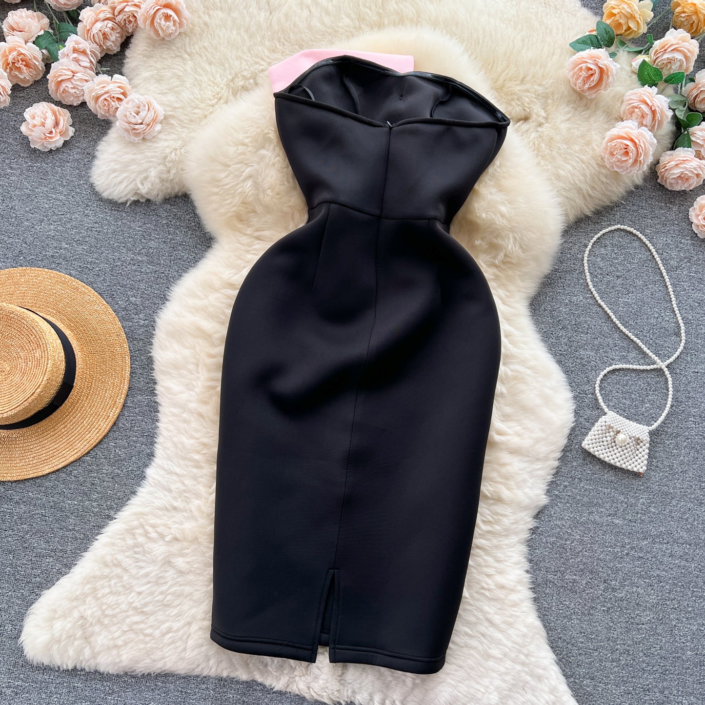 French style tube top dress summer three-dimensional bow slit waist slim dress R2303