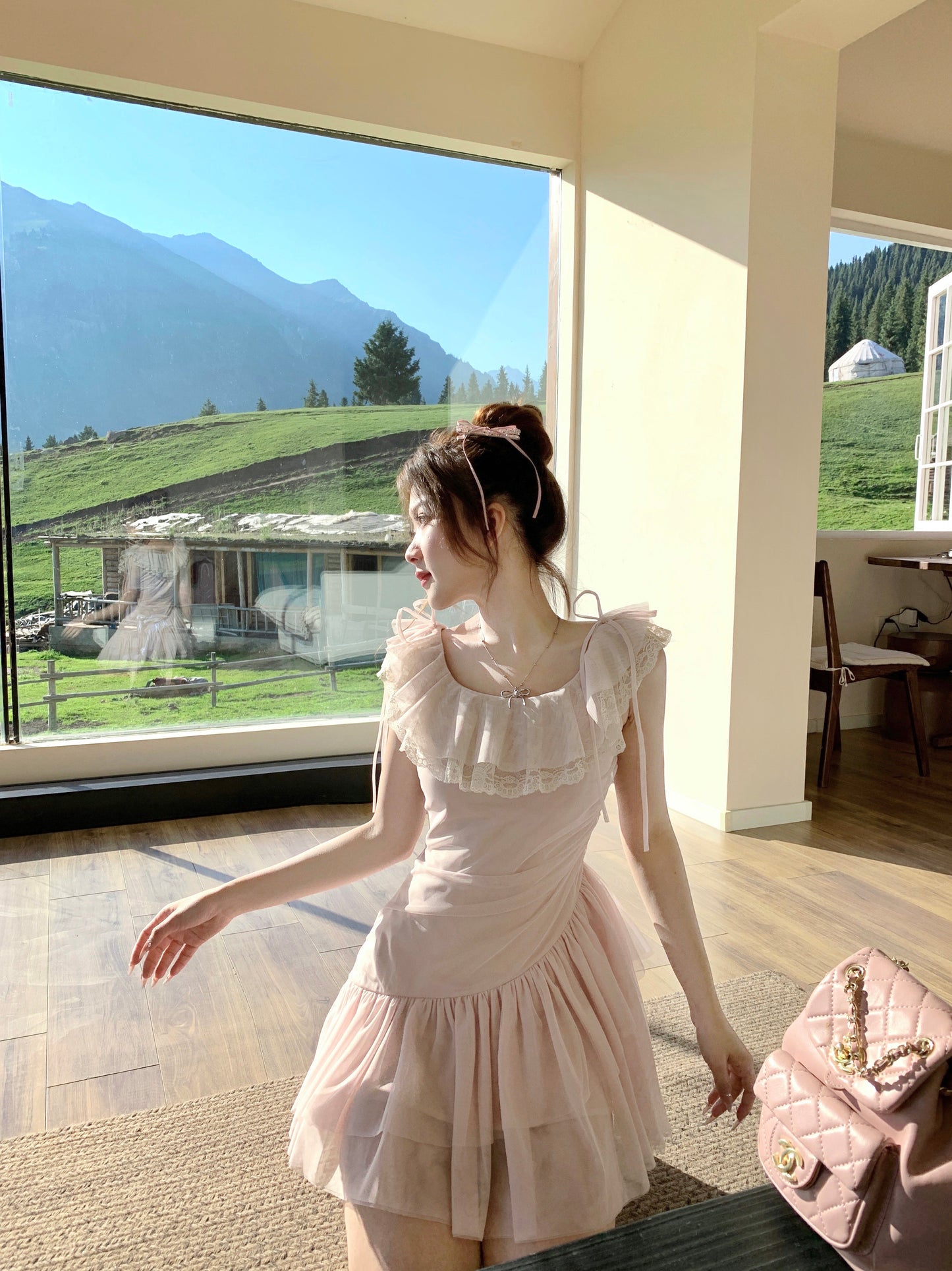 Pink fairy dress waist French tulle irregular princess skirt female summer R3906