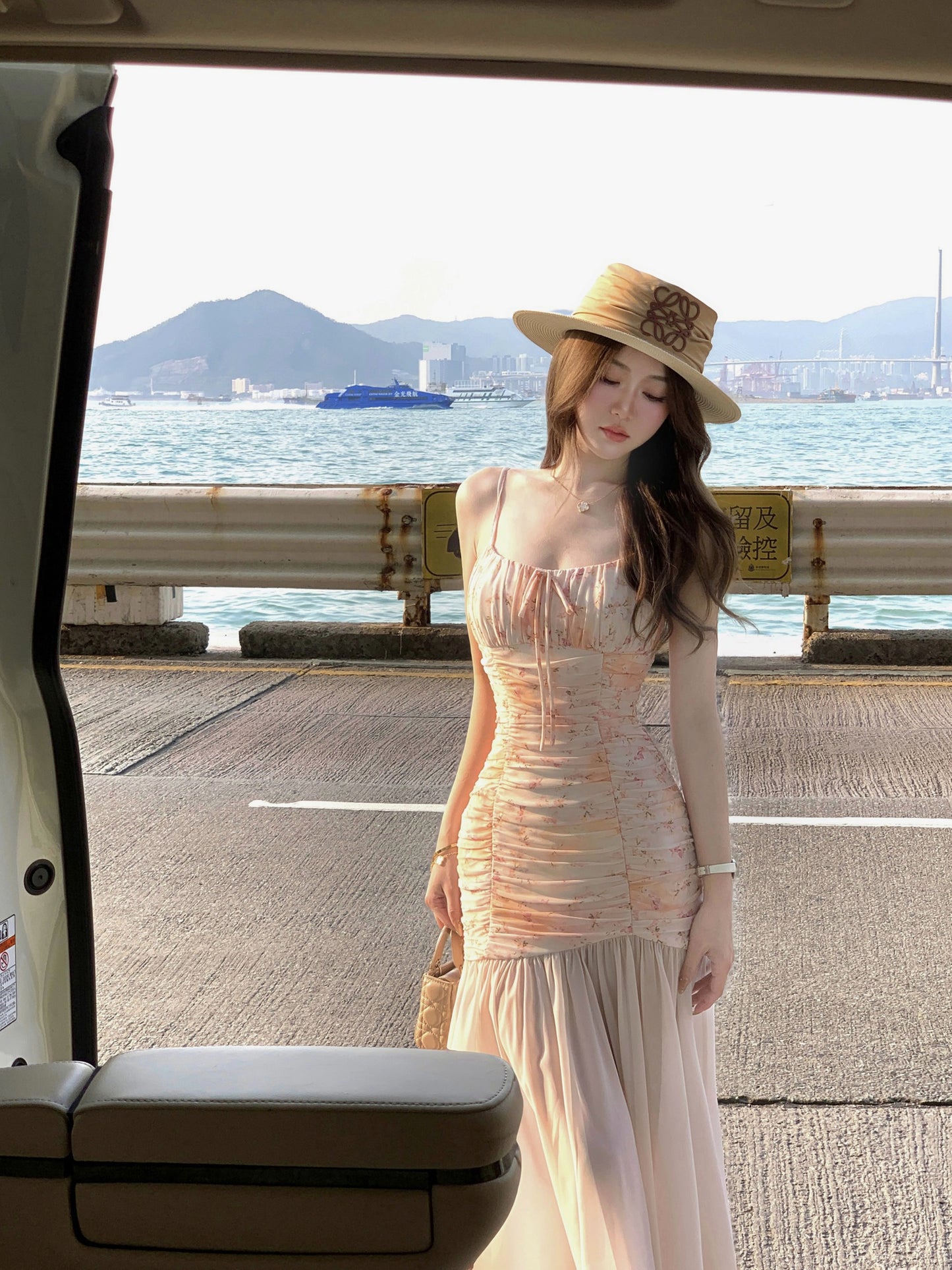 Design sense waist floral sling fishtail dress big swing gauze skirt long summer R3908