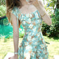 Green oil painting waist dress holiday design suspenders floral dress women summer R3909