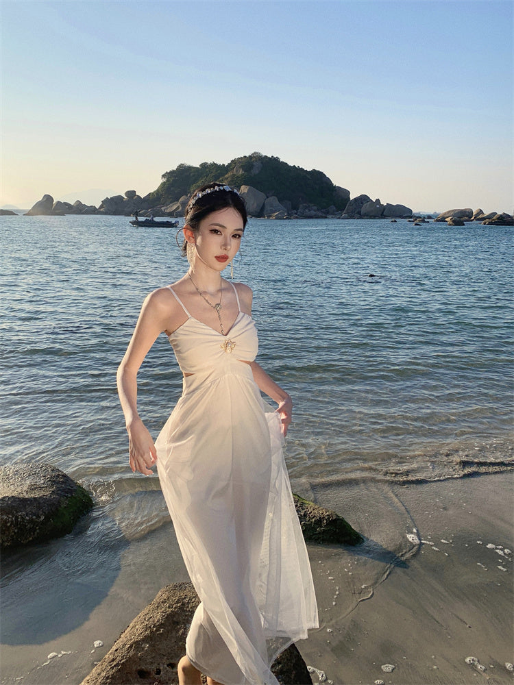 White hollow suspender dress gentle temperament waist backless A-line long skirt R0596