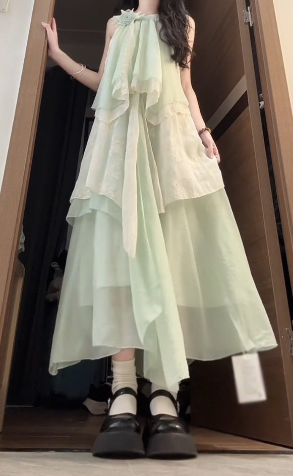 Mint green halter neck dress irregular beautiful loose beach dress R0665