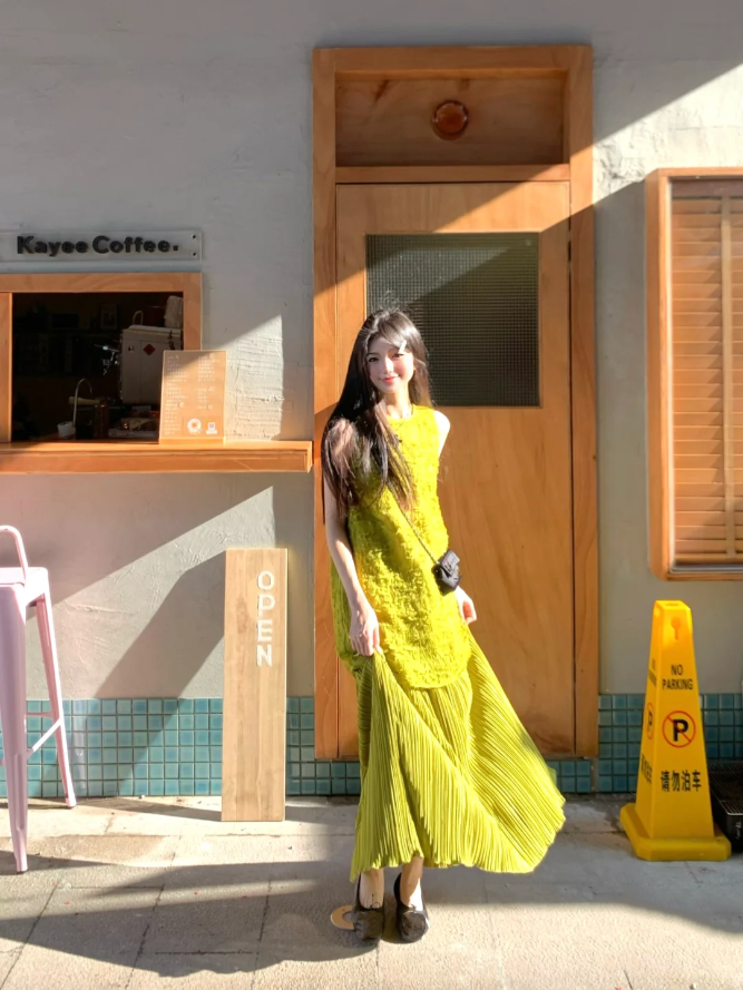 Green sleeveless dress for women, high-end fake two-piece temperament long dress R0770