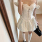 French white polka dot strapless dress for summer vacation, waist cinching flower bud fluffy short skirt, homecoming dress R3000