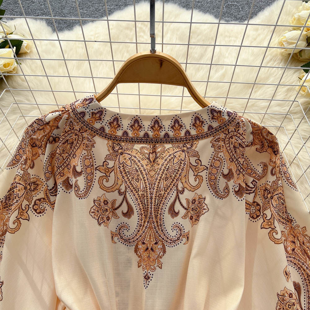 New French retro holiday style V-neck lantern sleeve waisted medium-length printed petite dress R2242