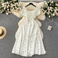 Retro romantic floral dress summer puff sleeves slit design niche chic beautiful long skirt R2248