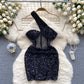 French lady style oblique collar dress mesh sequins niche hip-wrapped hot girl short skirt R2247