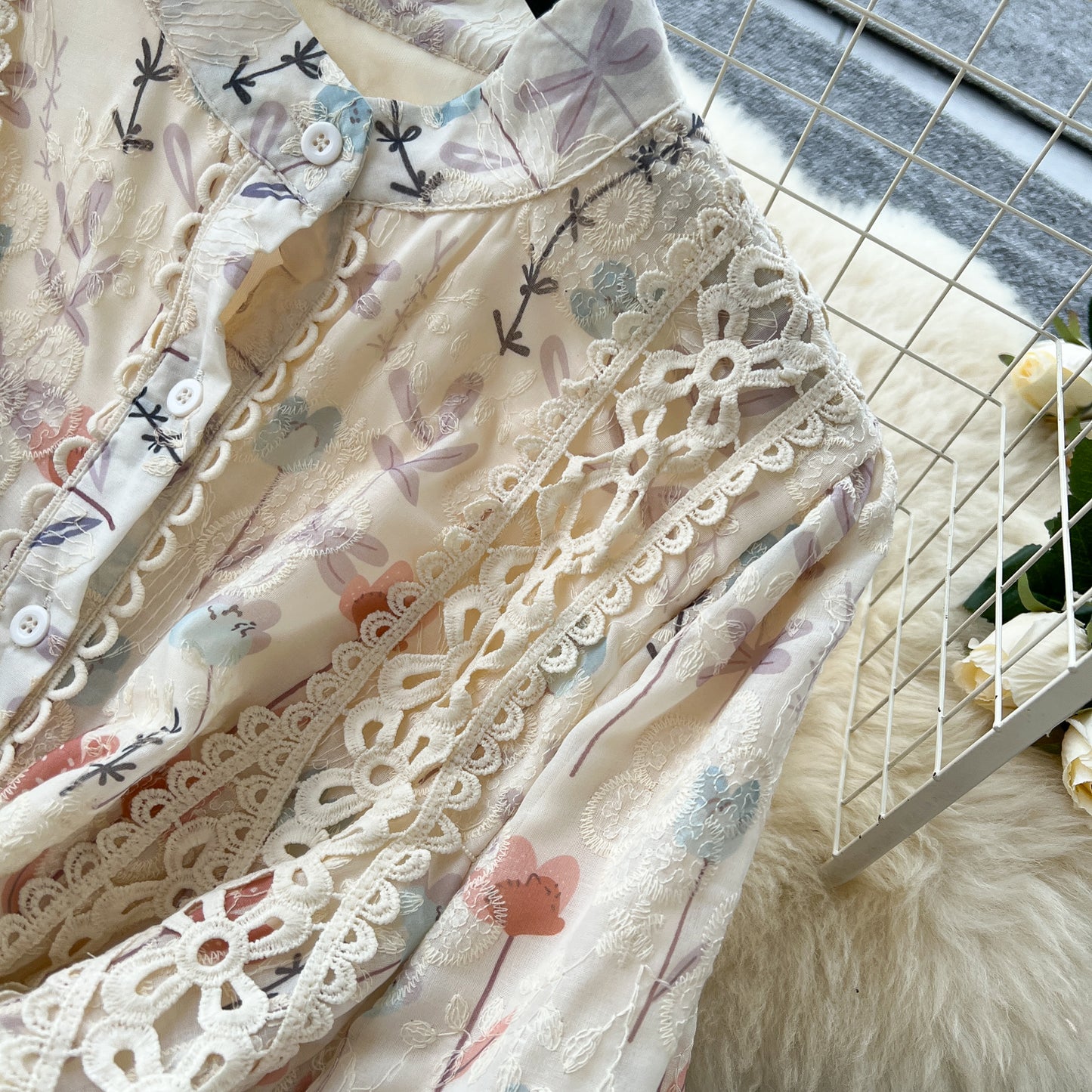 Palace style lace patchwork waist dress French slim print embroidered fairy long dress R2244