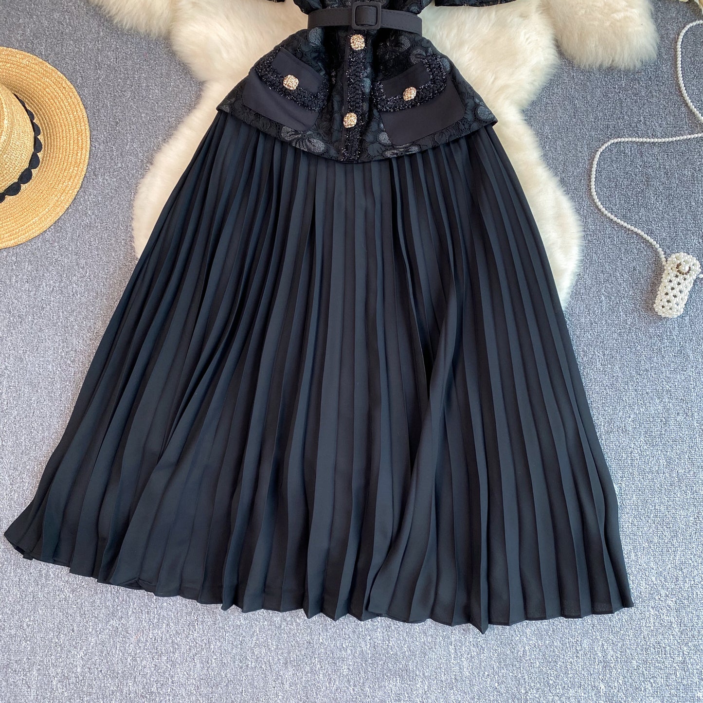 French Chanel style dress exquisite temperament square neck lace pleated long dress R2243