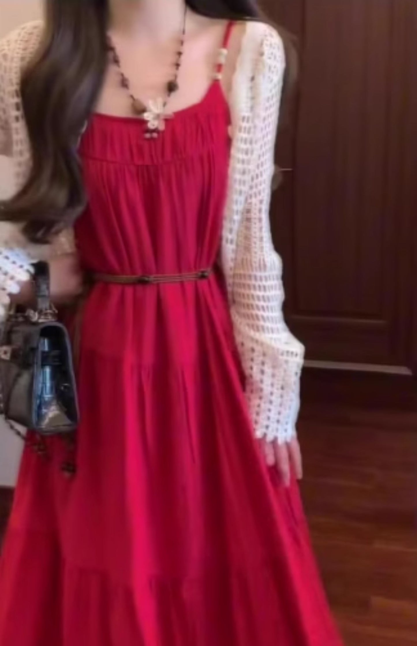 Retro red suspender dress holiday style temperament waist A-line long skirt R0682