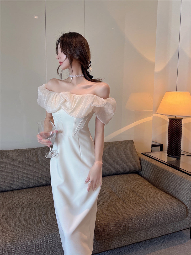French style one shoulder dress slit gentle style banquet bridesmaid dress long skirt R1429