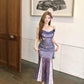 Beautiful small skirt waist hip skirt purple floral suspender dress R0635