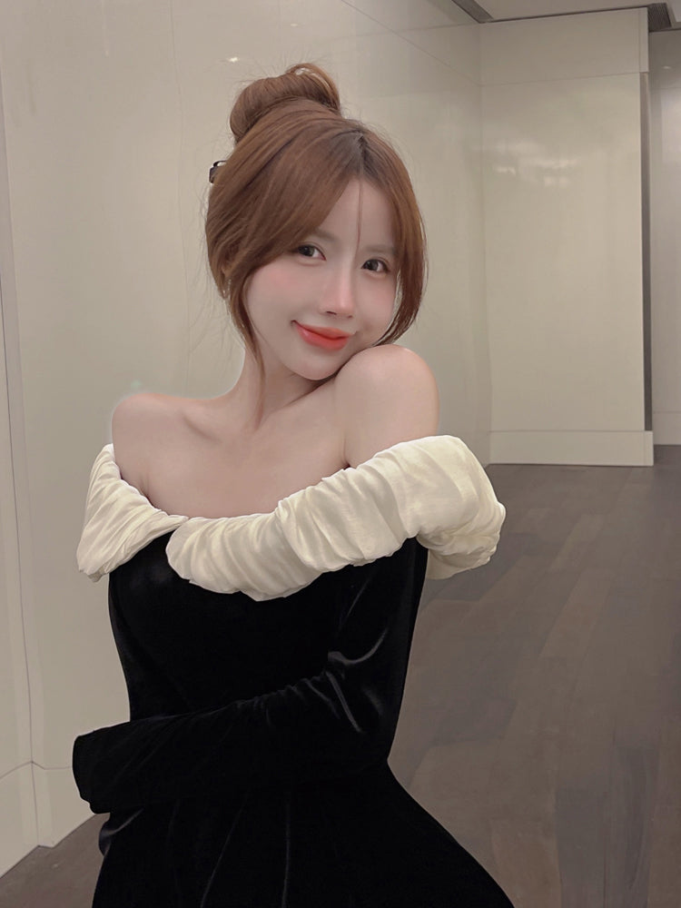 Hepburn style birthday party dress high-end niche one-shoulder black velvet dress R1808