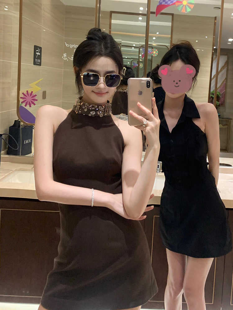 Birthday dress high-end party dress niche high-end French heavy-duty halter dress R1809