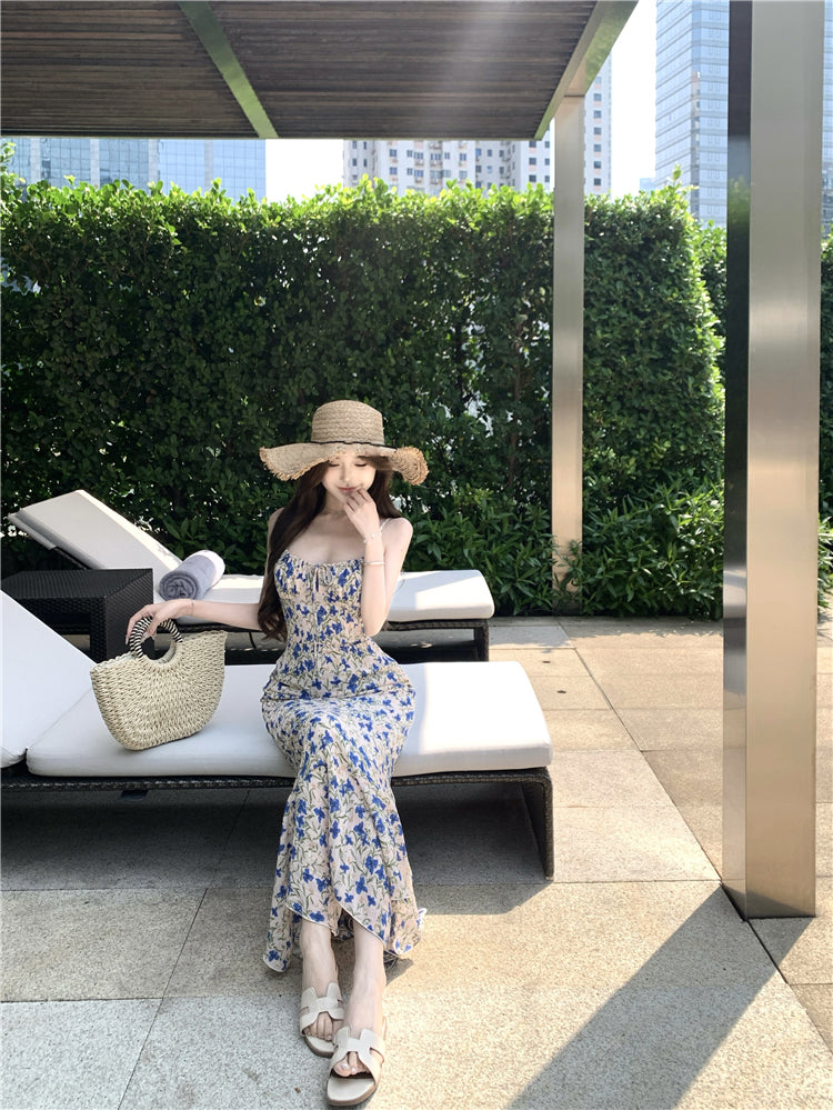 Tea break floral suspender dress gentle temperament waist slim fit A-line skirt R0499