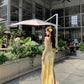 Yellow v-neck floral dress with ruffles, beautiful and unique waist-hugging hip skirt R0500