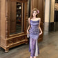 Beautiful small skirt waist hip skirt purple floral suspender dress R0635