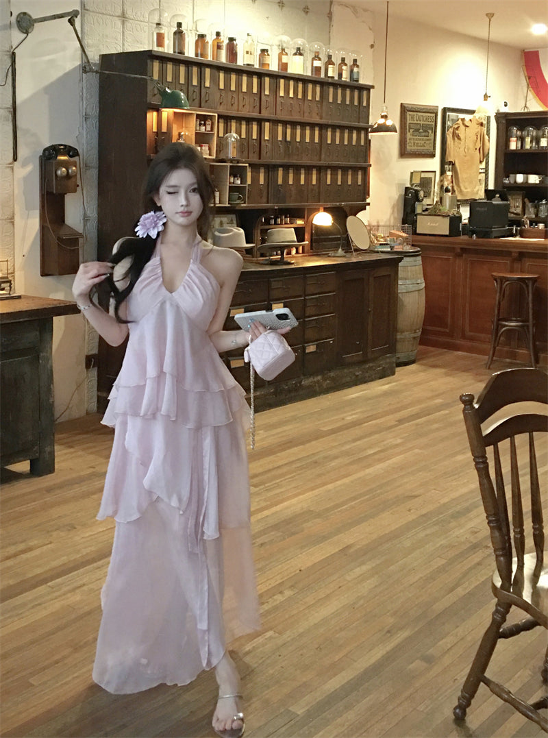 Beach Vacation Pink Chiffon Halter Neck Vest Skirt Two-piece Set R0508